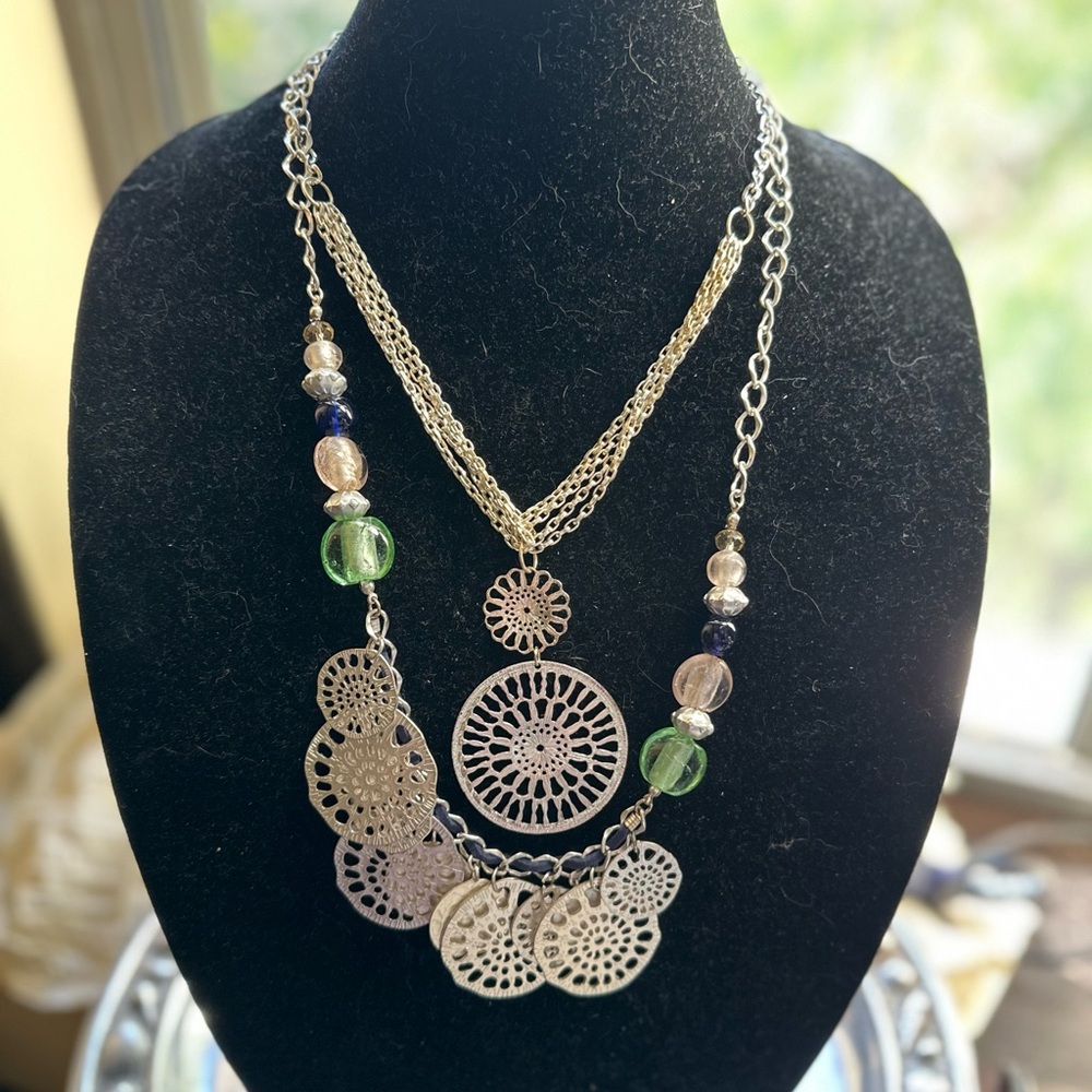 Silver Layered Necklace with Mandala Medallions